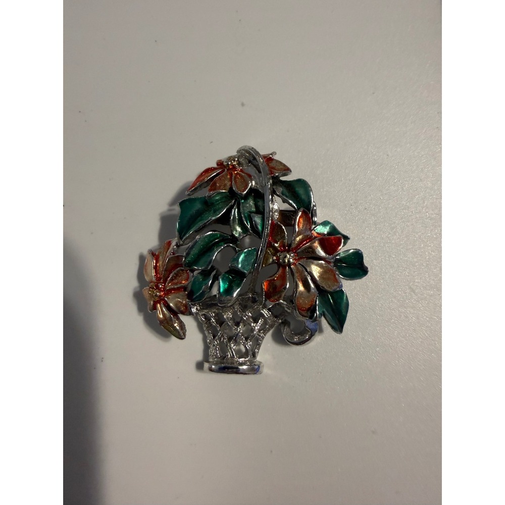 Vintage Enamel Flower Basket Brooch Silver Tone Poinsettia Floral Pin Festive